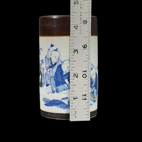 Ming Dynasty Xuande Marked Small Brush Pot Blue Brown White Porcelain 4 3/8 H - Picture 9 of 10